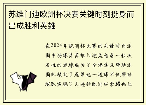 苏维门迪欧洲杯决赛关键时刻挺身而出成胜利英雄